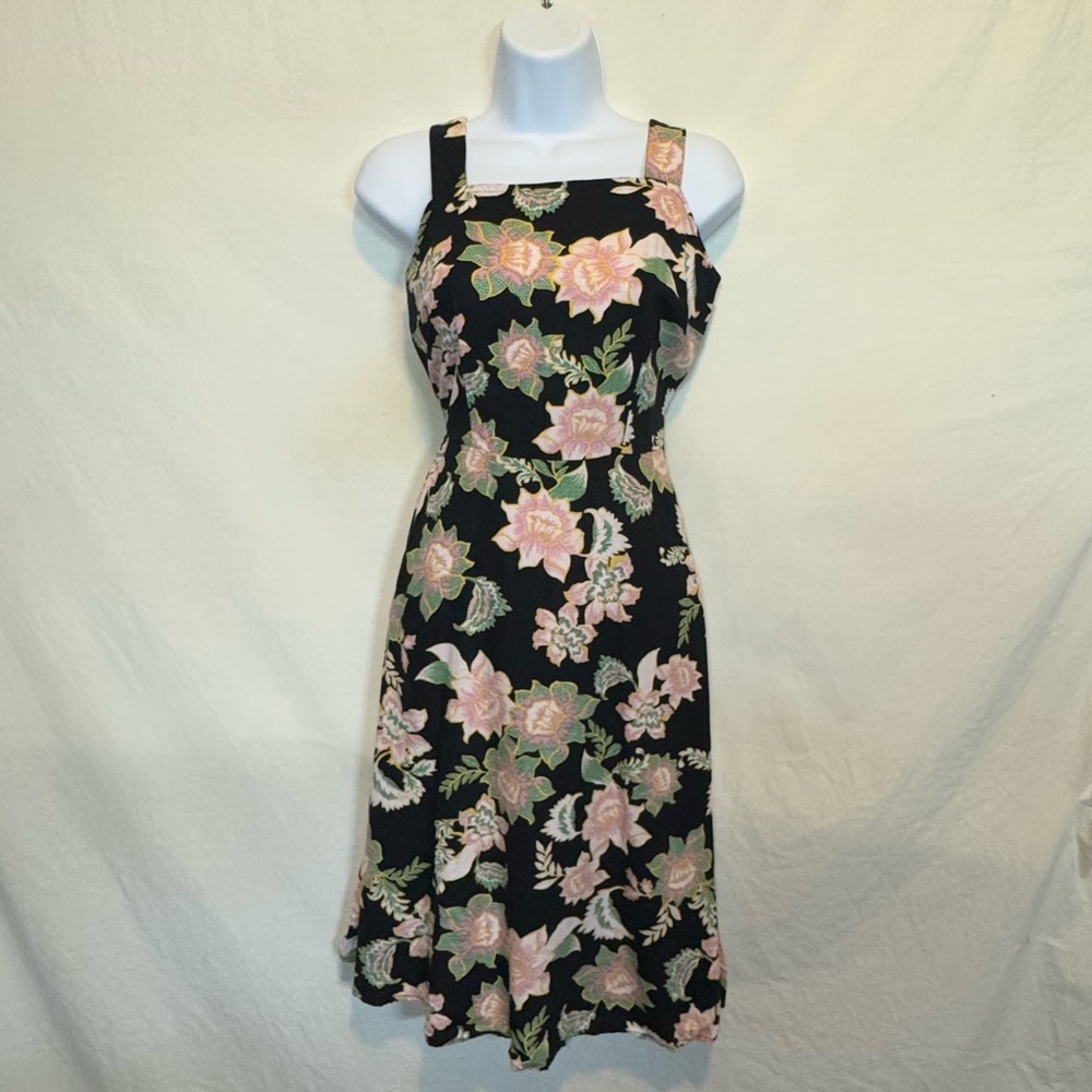D-92 Love for Humanity Black Floral Linen Blend Sleeveless MIDI‎ Dress Size XS